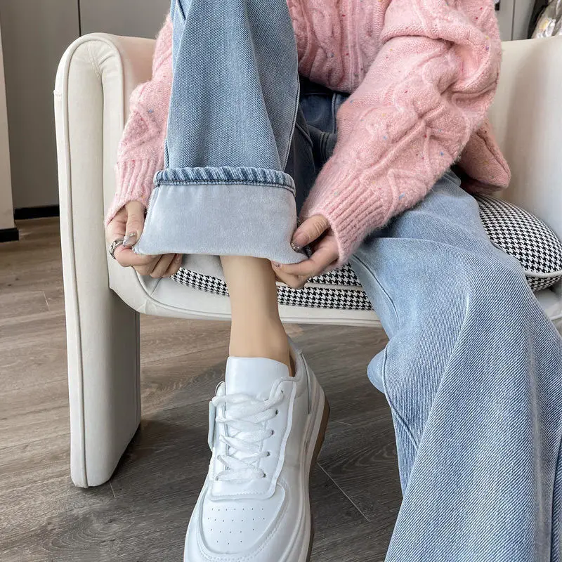 Jeans Denim women's plush loose straight wide leg pants warm autumn and winter high waist daily jeans
