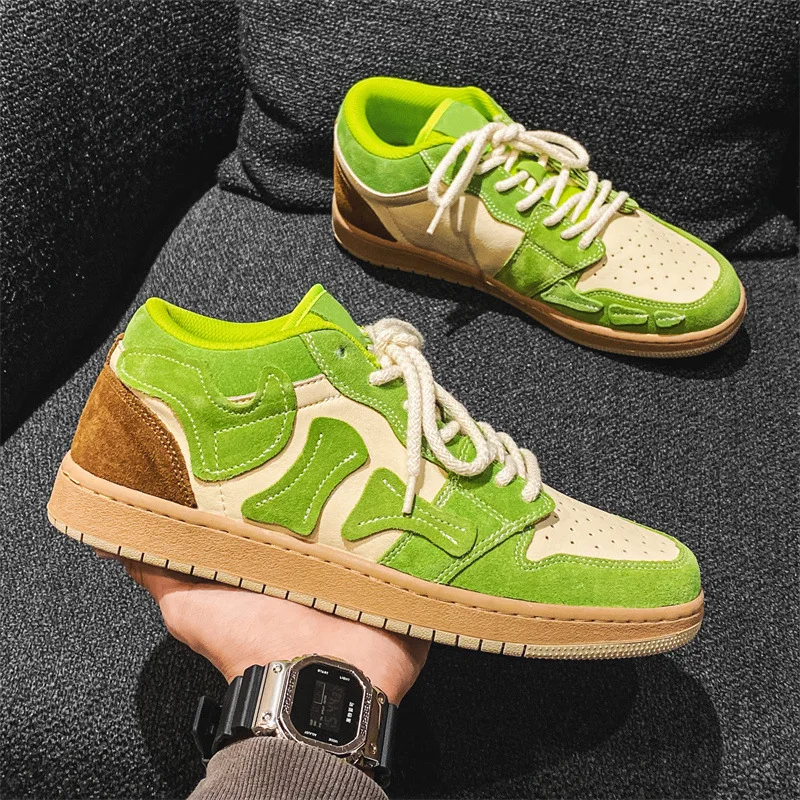 

Men Sneakers Casual Shoes Deerskin Colorblock Lace Up Breathable Round Anti Slip Oversized Flat