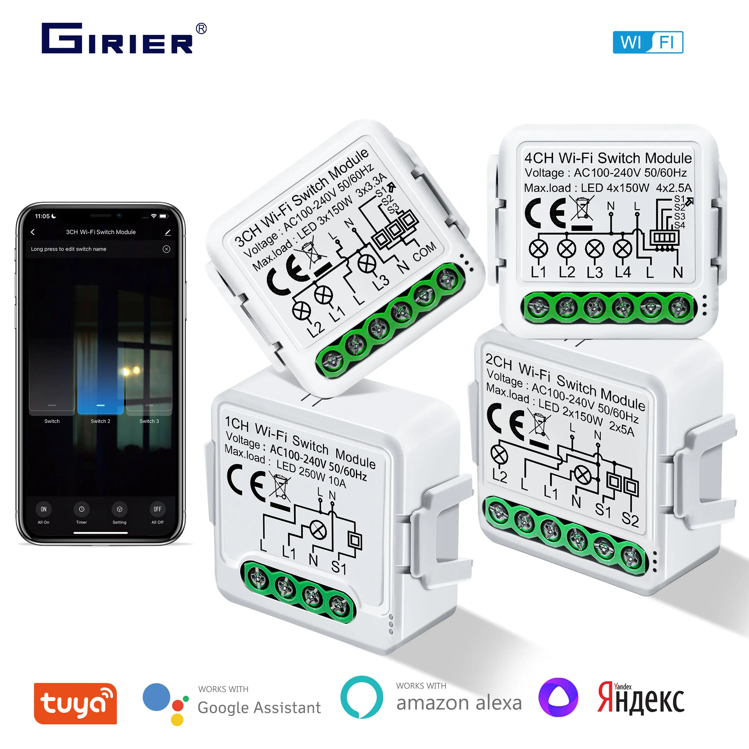 

GIRIER Tuya Smart Switch Module 10A Wifi Light Switches 1/2/3/4 Gang Supports 2-Way Control Works with Alexa Google Home Alice