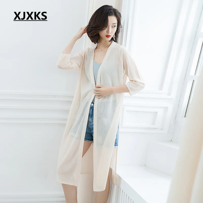 

XJXKS 2022 Spring Autumn Latest Fashion V-neck Three-quarter Sleeve Women's Long Cardigan Summer Ice Linen Knitted Sunscreen