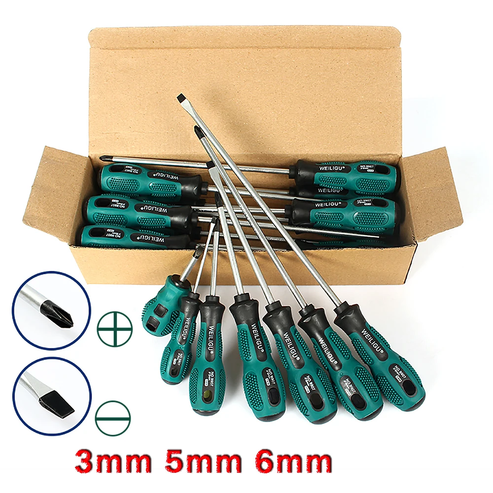 Magnetic 3mm 5mm 6mm Slotted / Cross Screwdriver Kit 38mm-300mm Long Radish Head Screw Driver Green Handle Repair Hand Tools