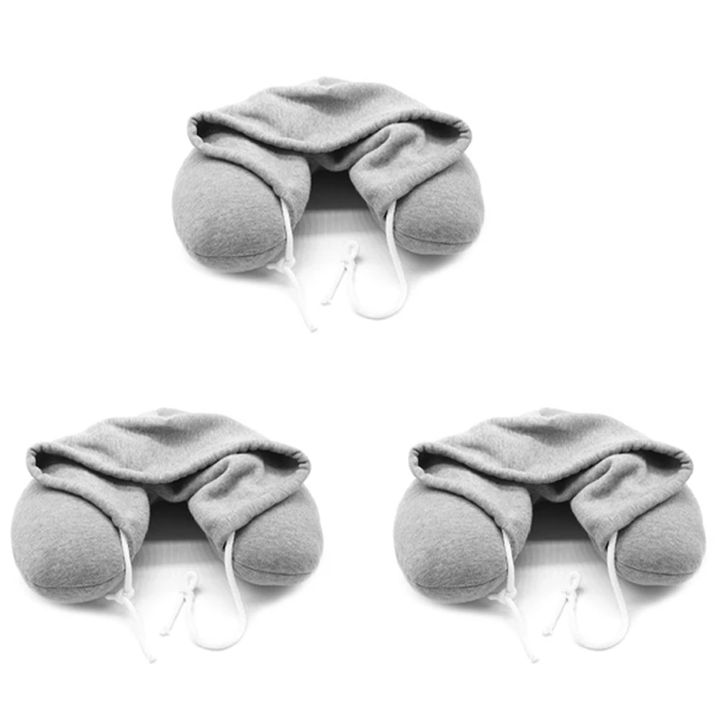 

3X U Shaped Car Neck Pillow Hat Travel Body Pillows With Car-Gray
