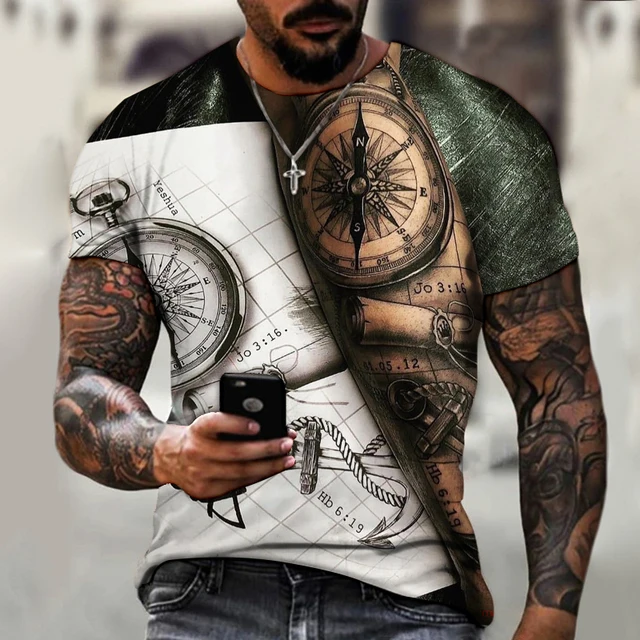 

2022New 3D Printing Compass Trend Oversized Personality T Shirt For Men Large Size Harajuku Leisure Retro Style Top Tees 110-6XL
