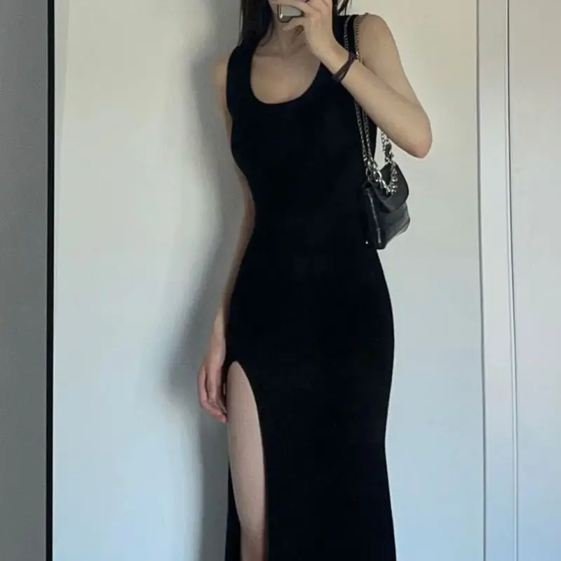 

High Slit Design To Show The Feeling Of Thin Vest Hot Girl Dress Women's Autumn Long Over-The-Knee Slim Sleeveless Skirt
