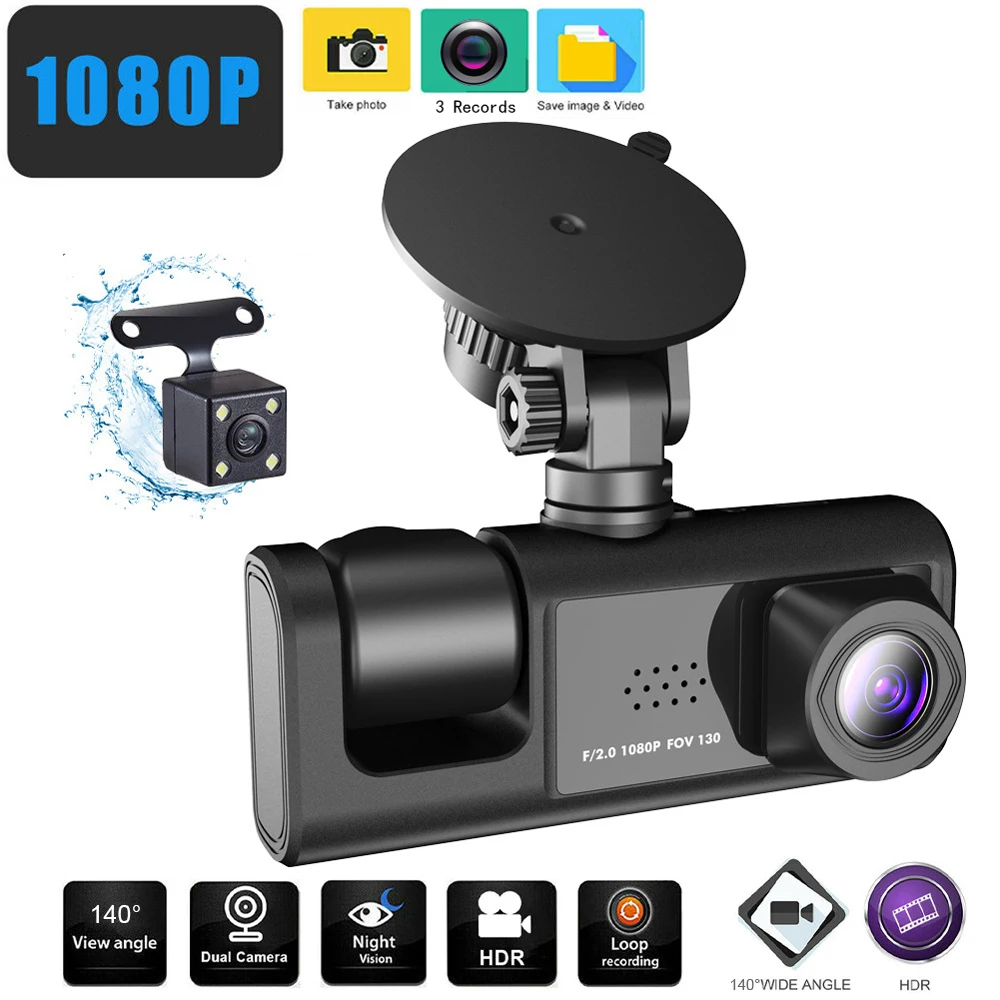 

3 Camera Dash Cam 1080P Front and Inside 2 Inch Screen Dashcam Black Box Driver Recorder for Taxi Uber CAR DVR Rear Camera