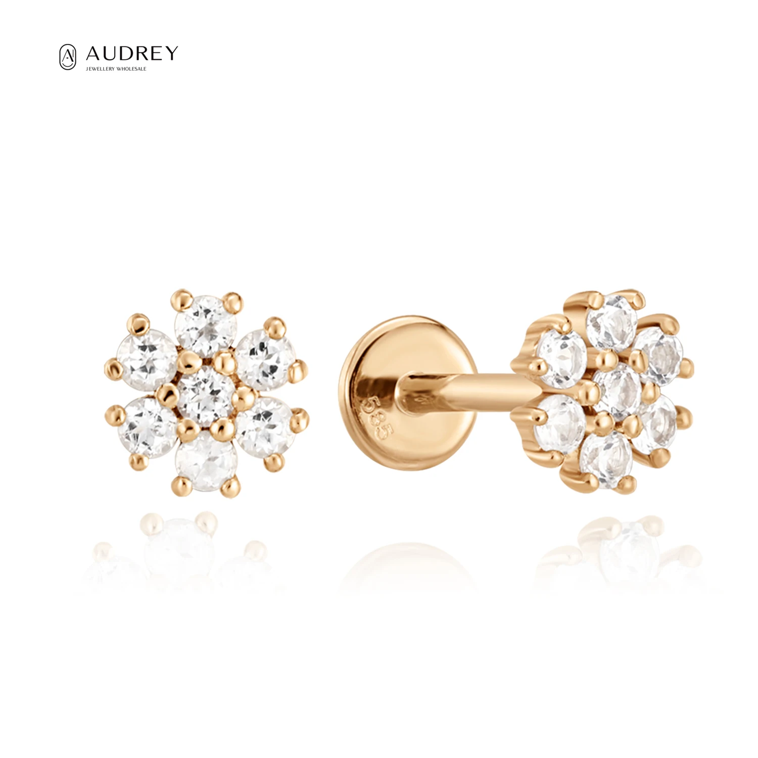 

Audrey Pierc Stone Tiny Stud 14K 18K Pure Gold Solid Flower Shape Ear Piercing Studs White Topaz Earrings Piercing Jewellery