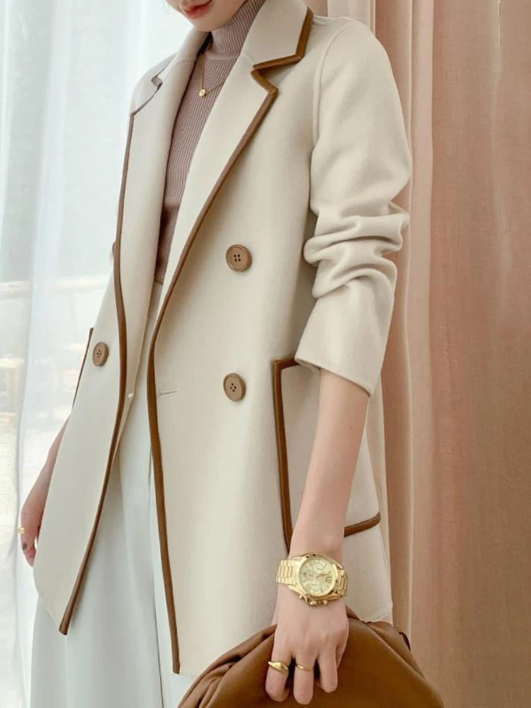 

Женская зимняя куртка с большими карманами, Длинное свободное белое шерстяное пальто средней и длины с отложным воротником