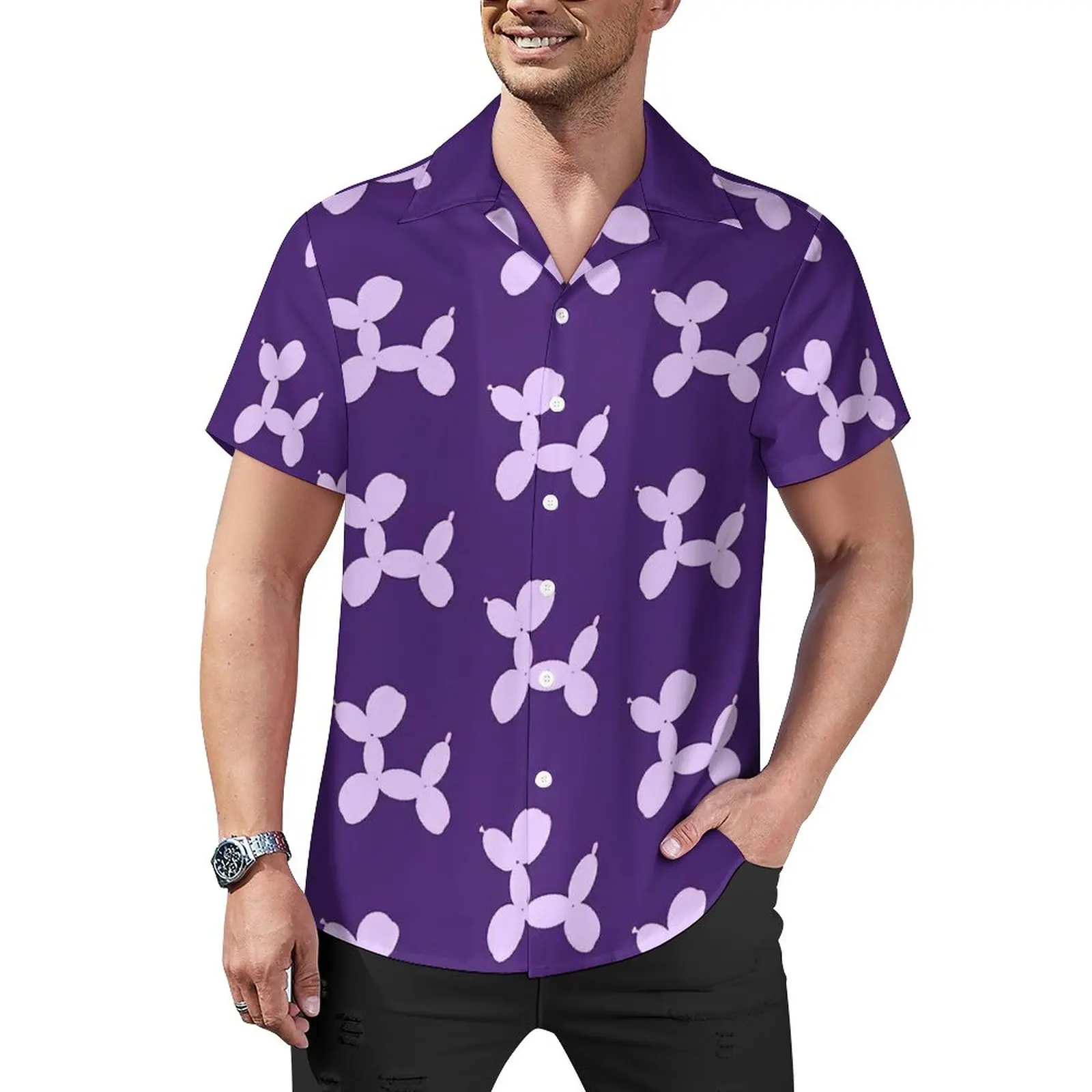 

Balloon Dog Blouses Male Lavender Cartoon Dogs Casual Shirts Hawaiian Short Sleeve Design Fashion Oversized Vacation Shirt Gift