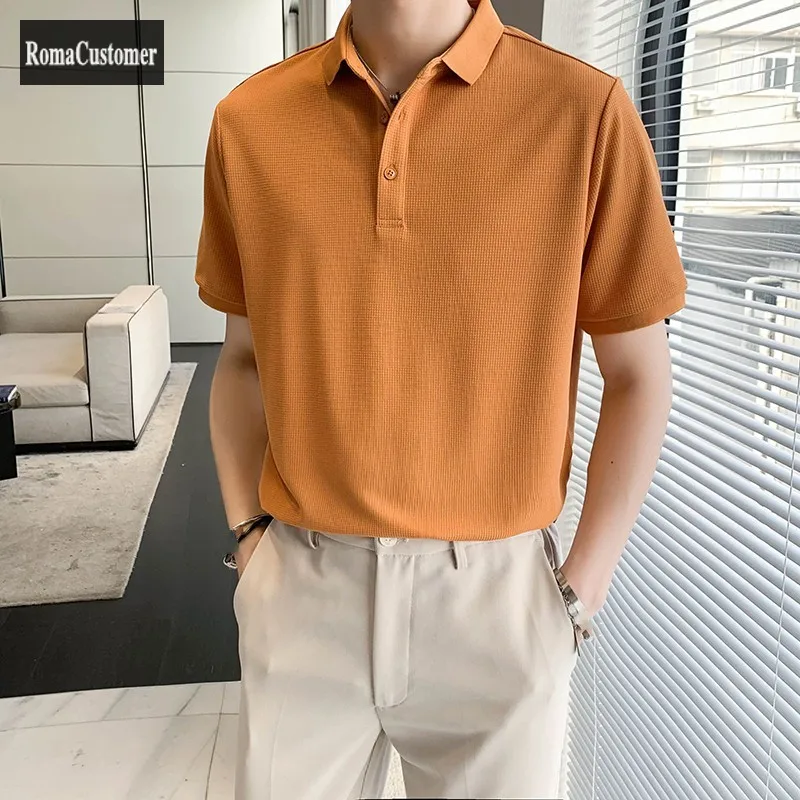 

Summer Mens New Solid Slim Korean Version Turn-Down Collar Short Sleeve Handsome T-Shirt Male Casual Wild Pullover Blouse