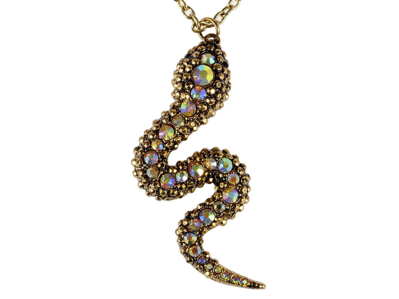 

Gold Toned Cobra Snake Crystal Rhinestone Dangling Halloween Pendant Necklace