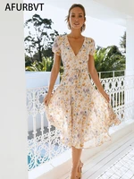 summer elegant a line dress v neck floral print mini dress flare short sleeve button party dress vestido de mulher