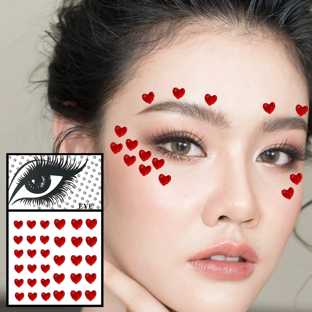 Red Heart Face Jewelry Temporary Tattoos Eye Forehead Diamonds Jewels Makeup Sticker Sparkle Water Drop Gems Nail Art Festival
