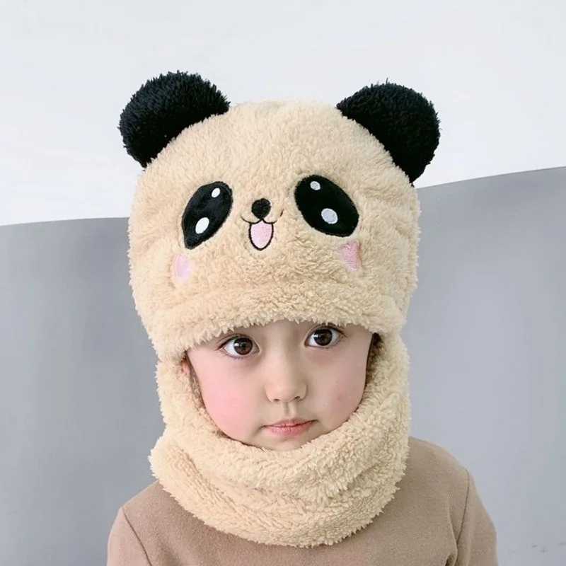 

2022 Winter Faux Fur Baby Hat Scarf One-Piece Kids Hats For Girls Boys Cartoon Panda Warmer Neck Protection Ears Infant Bonnet