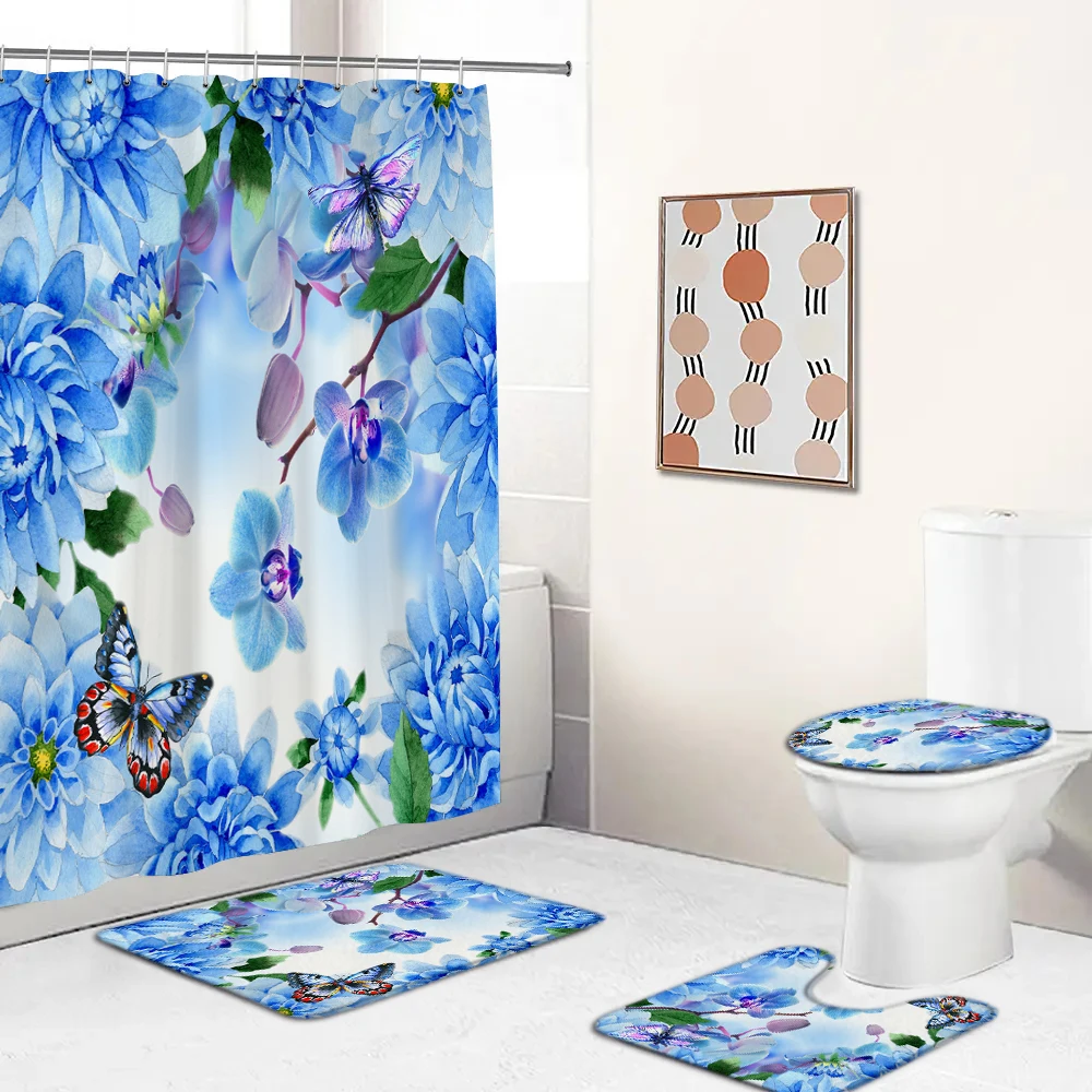 

180*180cm Shower Curtain Blue Butterfly Rose Bathroom Curtains Set Bath Mats Rugs Toilet Lid Cover Anti-slip Pedestal Carpet