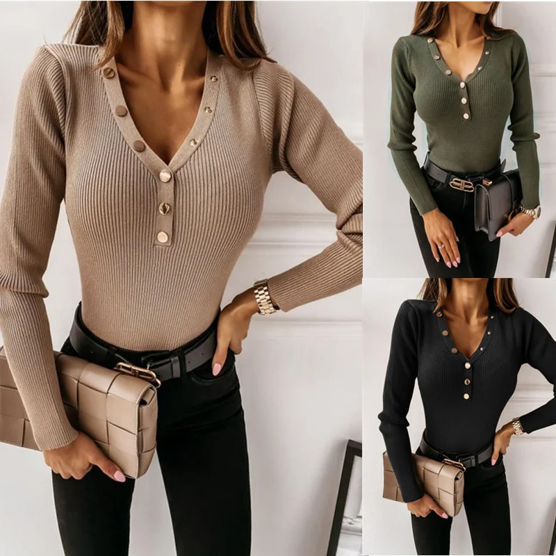 

Autumn long sleeve V-neck button decoration solid color base shirt women's wear The new listing trending products 2021