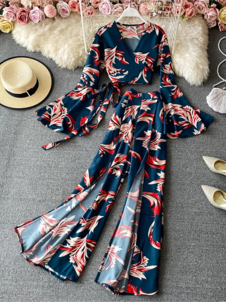 

New Women Vintage Loose Floral Trousers Suit Elegant Cropped Tops Split Pants 2 Pieces Female Fashion Beach Pantalon Set