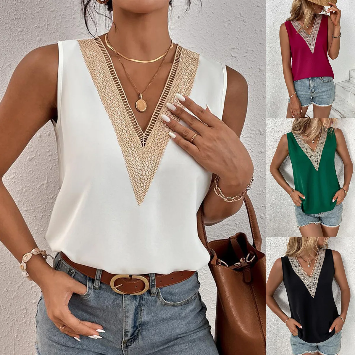 

Women's Casual Tees Top 2023 Summer V-Neck Lace Sleeveless Simple Solid Tank Cutout T-shirt