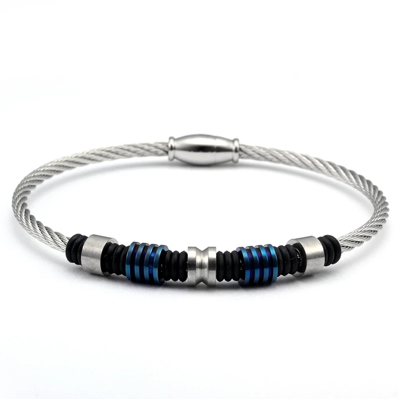 

Trendy Stainless Steel Strand Blue Beads Bangles Men Boys Jewelry Unique Magnet Wire Cuff Braided Male Charm Bracelets