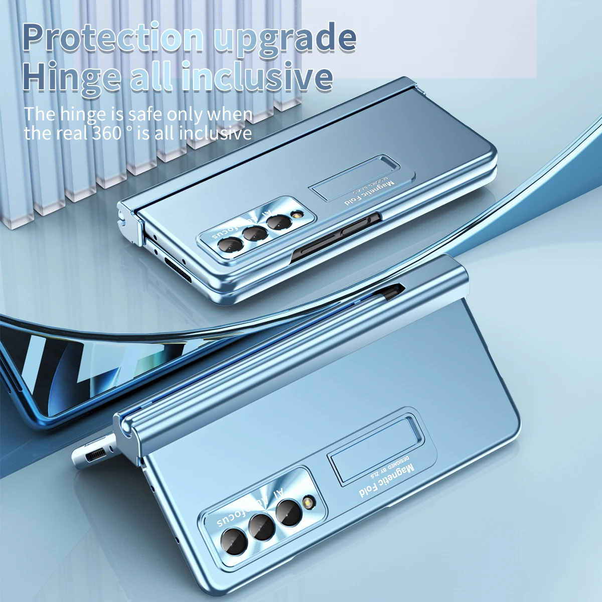 Suitable for Samsung zfold4 zfold3 phone case magnetic hinge folding bracket anti drop electroplating lens film leather cover