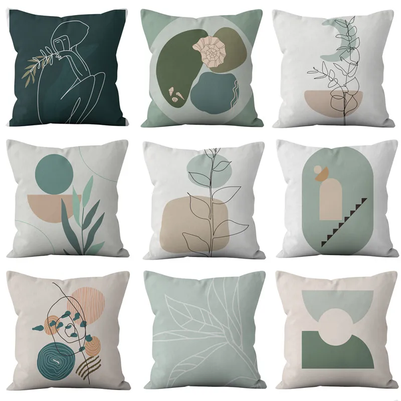 

45x45cm Modern Abstract Geometric Pillowcase Green Leaves Print Pillow Case Cushion Cover Short Plush Pillow Covers Home Decor