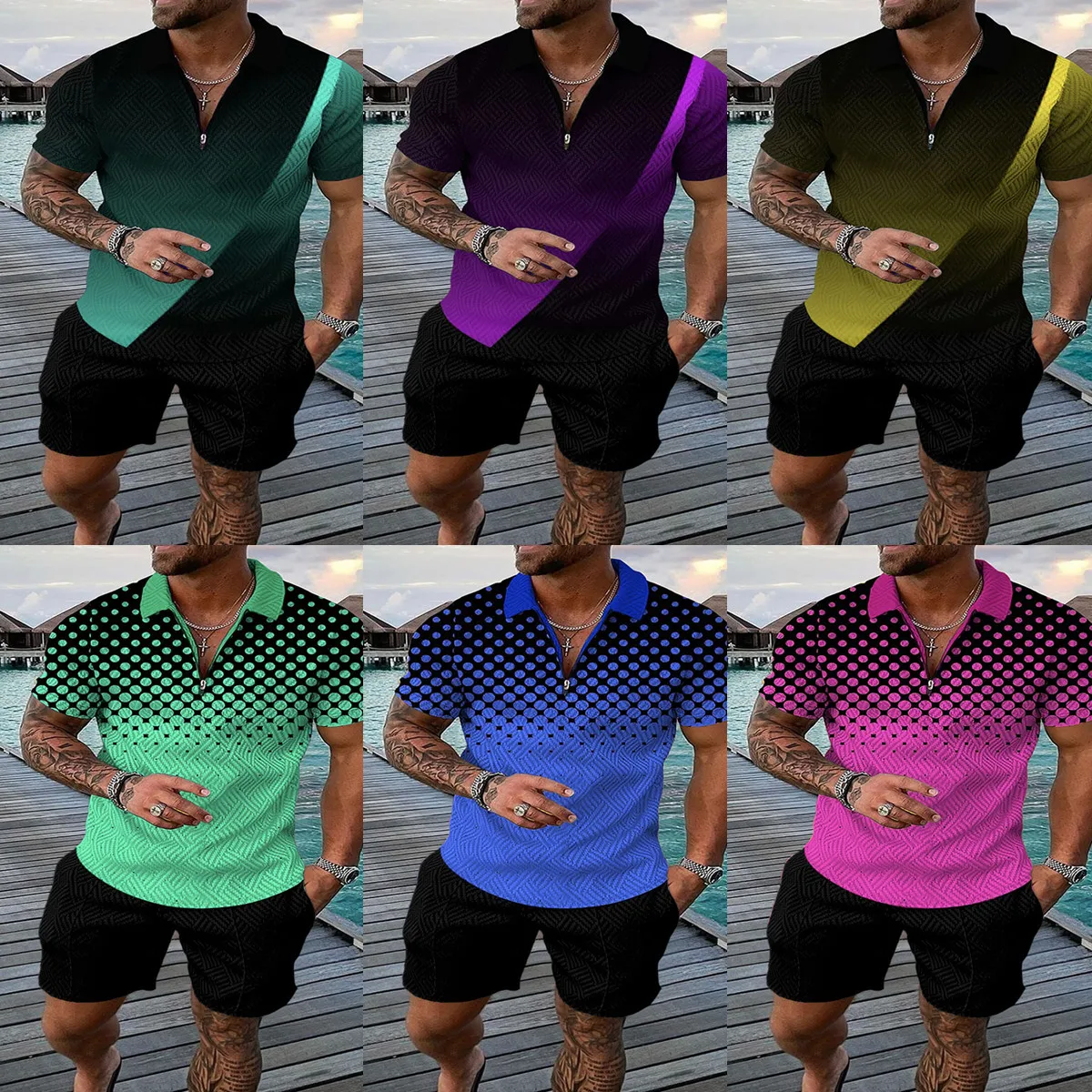 Geometric printing Hot Summer Men's Short Sleeve Zipper Polo Shirt&Shorts Set for Men Casual Streetwear 2-piece Suit S-3XL