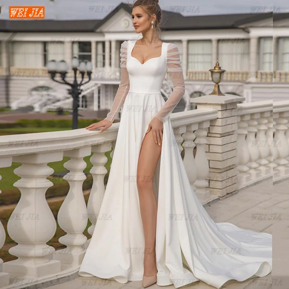 

Sweetheart Side Split Satin Wedding Dress Long Sleeve A-Line Wedding Dress Custom Sweep Train Vestidos De Novia