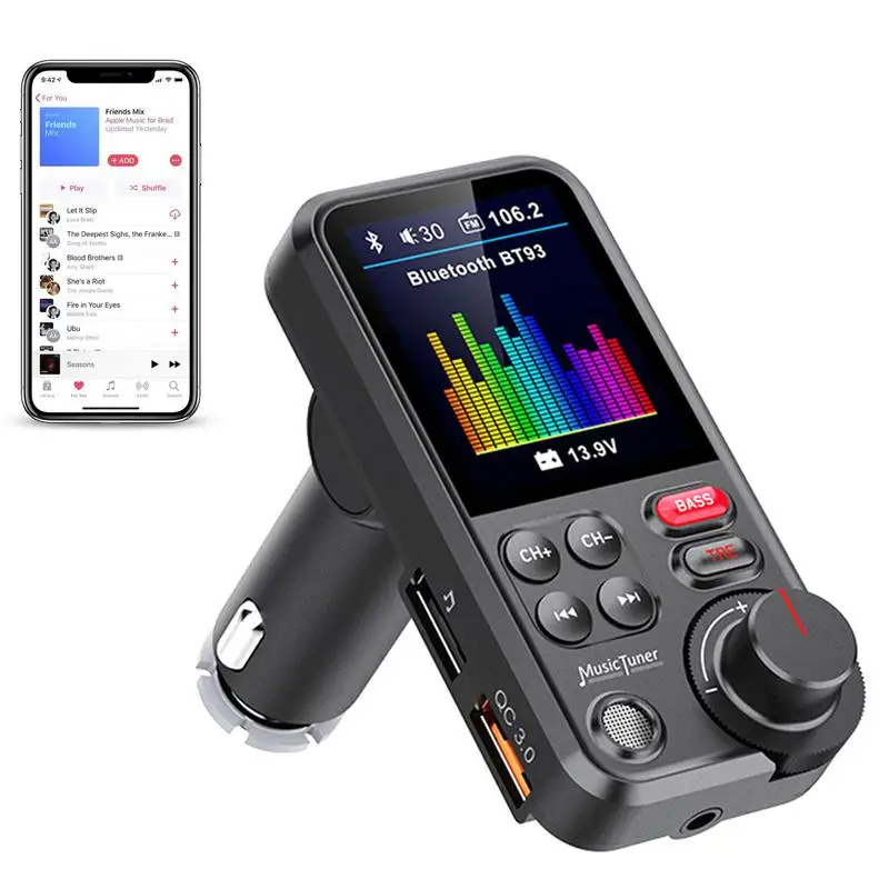 

1.8 Wireless Car FM Transmitter Color Big Screen Supports QC3.0 Charging Treble And Bass Sound Music Player Car FM Modulator