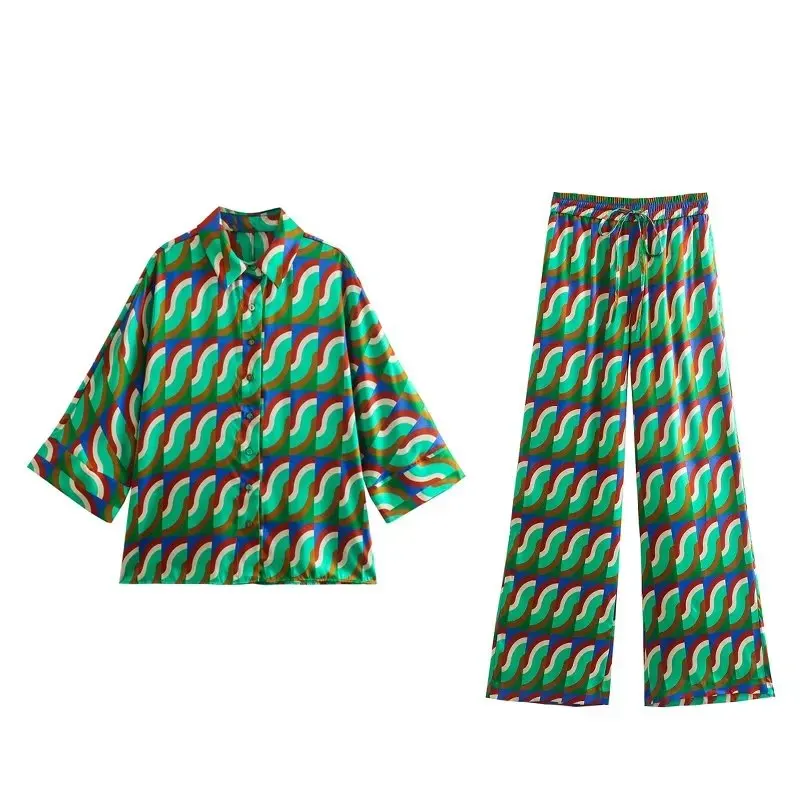 

Модные женские комплекты WXWT 2022, рубашка с отложным воротником и геометрическим принтом и длинные брюки с высокой талией и широкими штанинам...