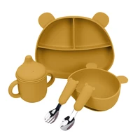 childrens silicone tableware baby food supplement sucker bowl bear dinner plate baby learning drinking cup fork spoon set