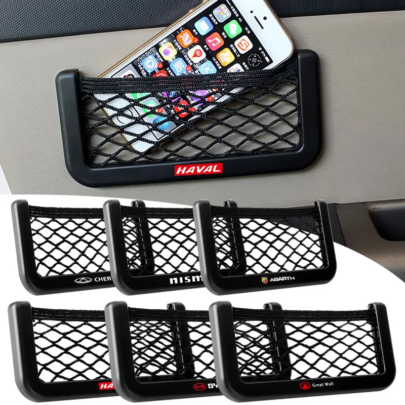 

1pcs Car Black Net Bag Phone Holder Storage Pocket Organizer For Suzuki Cadillac Volvo Land Rover Mustang Audi Sline Volkswagen