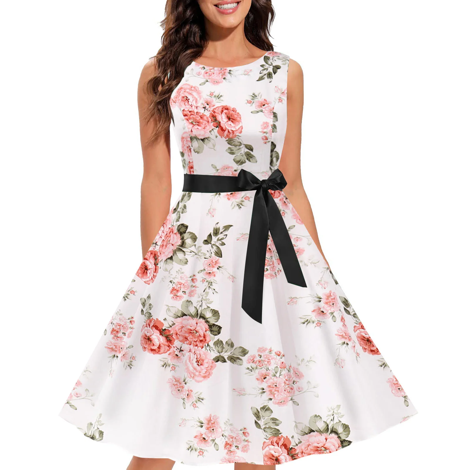 

Women Floral Print sleeveless Dress High Waist Knee Casual Dresses