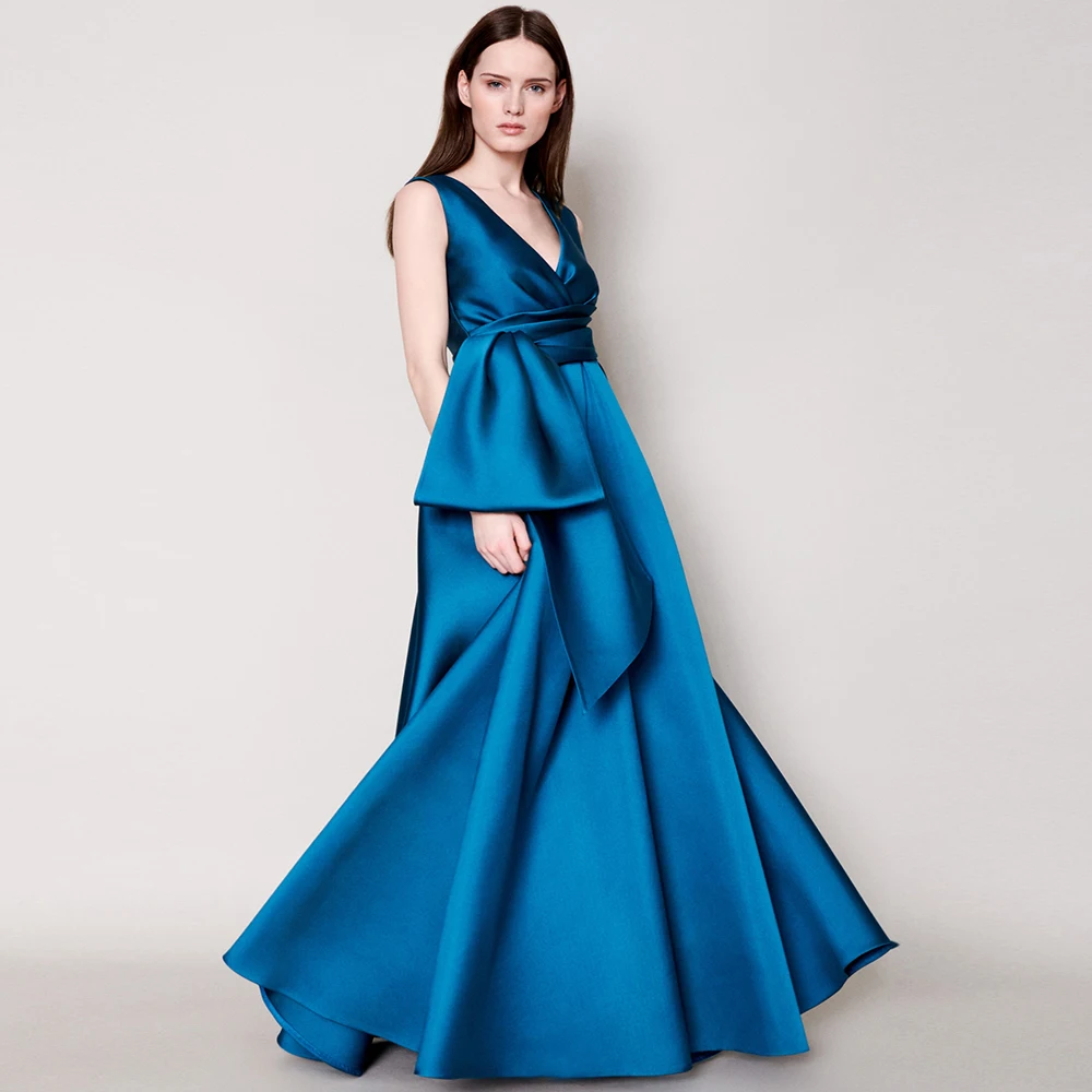 

Junior Blue Satin Long Evening Dresses Elegant for Wedding V-Neck Two Straps Ruffle A-Line Plus Size OEM Graduation Party Prom