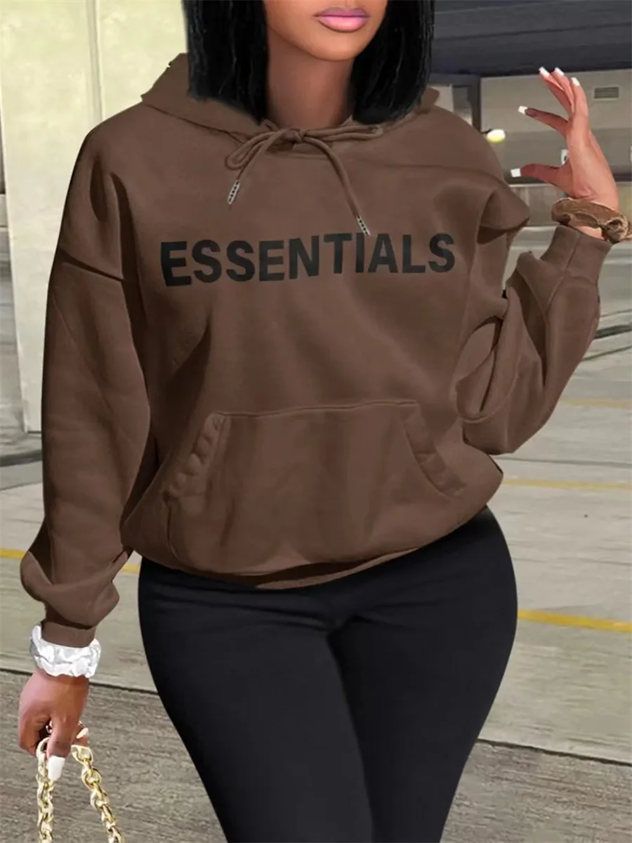 

LW Essentials Hoodies Letter Figure Cartoon Print Kangaroo Pocket Casual Oversized Autumn Unisex Pullover T-shirt Women Sweat