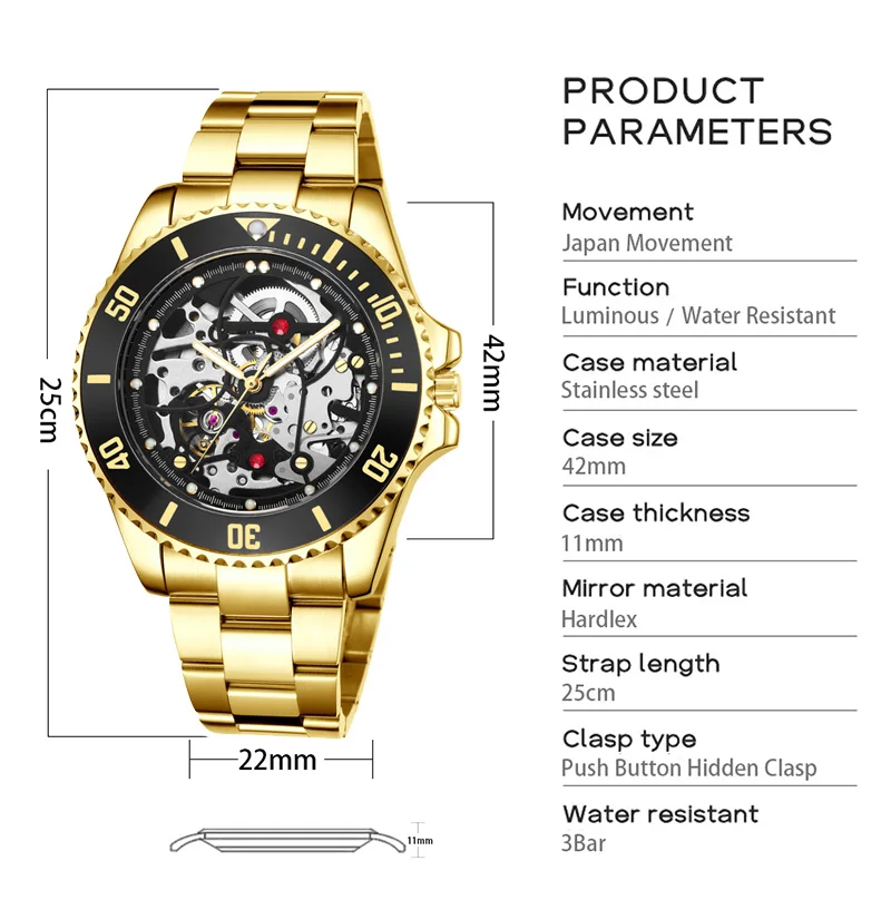 PLADEN Luxury Automatic Watches Mens Gold Hollow Out Waterproof Mechanical Wristwatch Fashion Stainless Steel Reloj Hombre 2023 enlarge