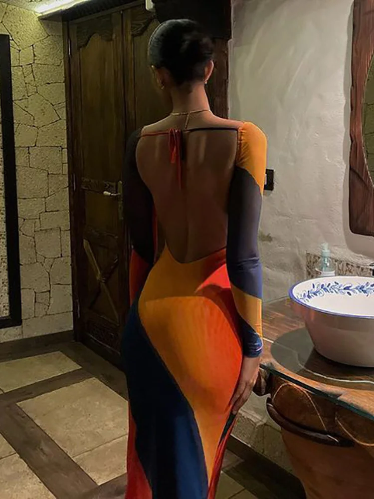 

Sexy Backless Maxi Dress Fashion Print Long Sleeve Bodycon Party Dress Beach Outfits 2022 New Summer Evening Club Dress