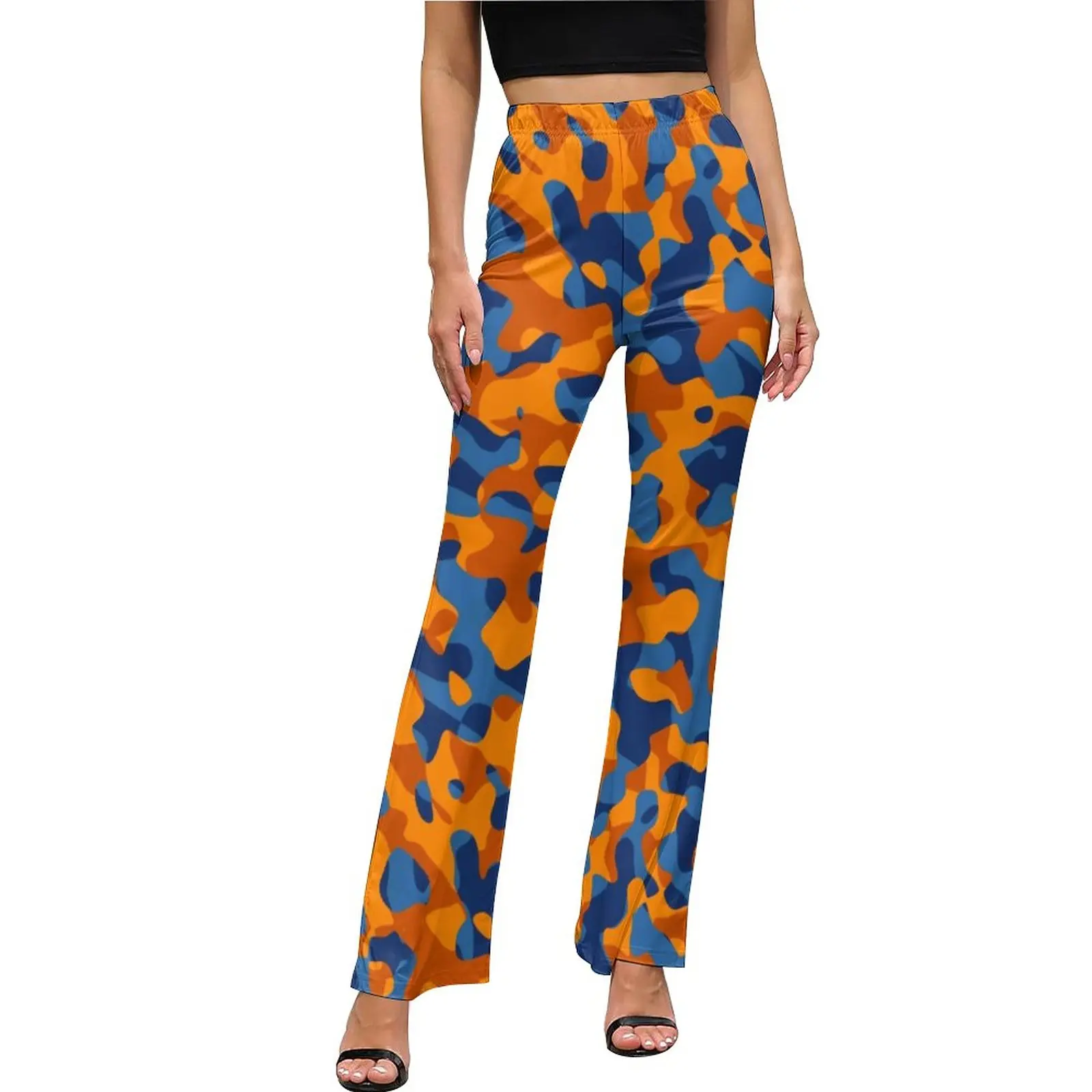 

Blue And Orange Camo Casual Pants Female Camouflage Slim Streetwear Flared Pants Daily Elegant Printed Trousers