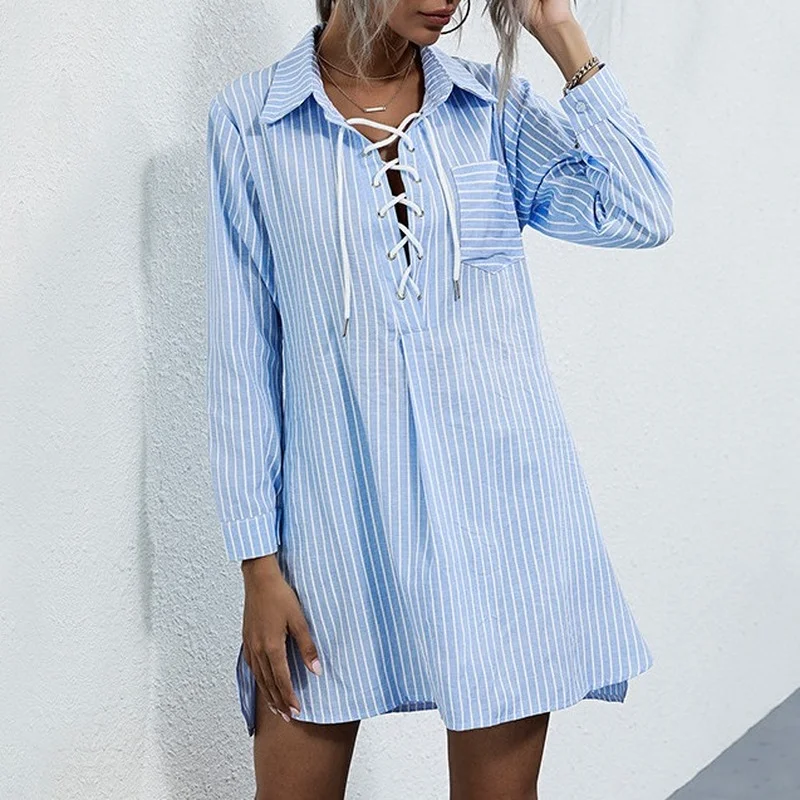 

Blue Striped Shirt Dress 2021 Spring Fashion Women's Long Sleeve Turn Down Collar Pocket Lace Up Dress Bandage Elegant Dresses