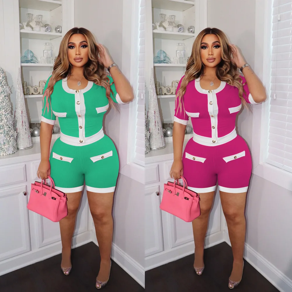 

Женский летний комплект из 2 предметов, Повседневная футболка с круглым вырезом и короткими рукавами, комбинированная футболка и шорты, лето 2023