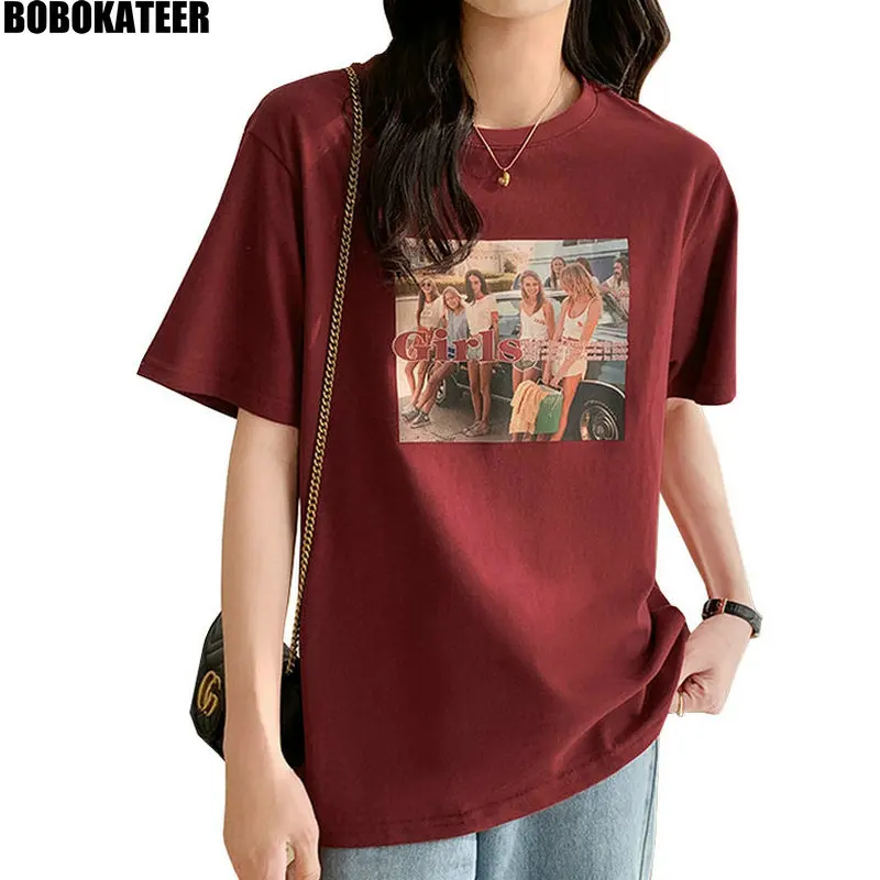 

Летняя одежда BOBOKATTER для женщин, футболка с коротким рукавом, красные винтажные топы, женские футболки, белая Повседневная футболка с графич...