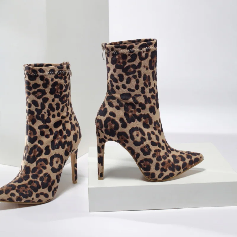 2022 Suede Pointed Toe Women Ankle Boots Leopard Fashion Hoof High Heel All Match Short Woman Shoes Fur Boots Size 34-42