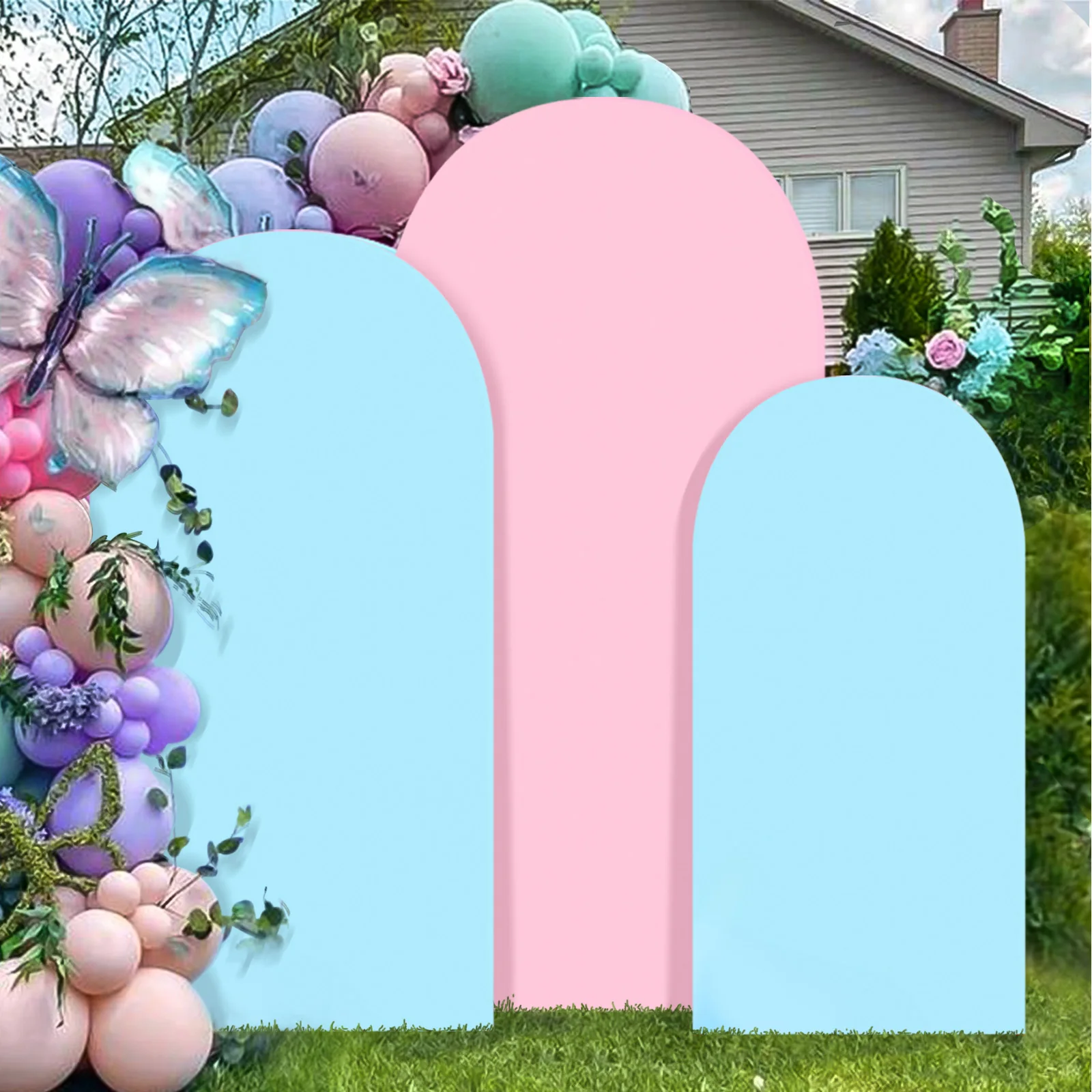 Фото OurWarm Set of 3 4FT 5FT 6FT, Pink and Blue 2 in 1 Round Backdrop Covers for Birthday Party Baby Shower Wedding Arch Stand Decor №1