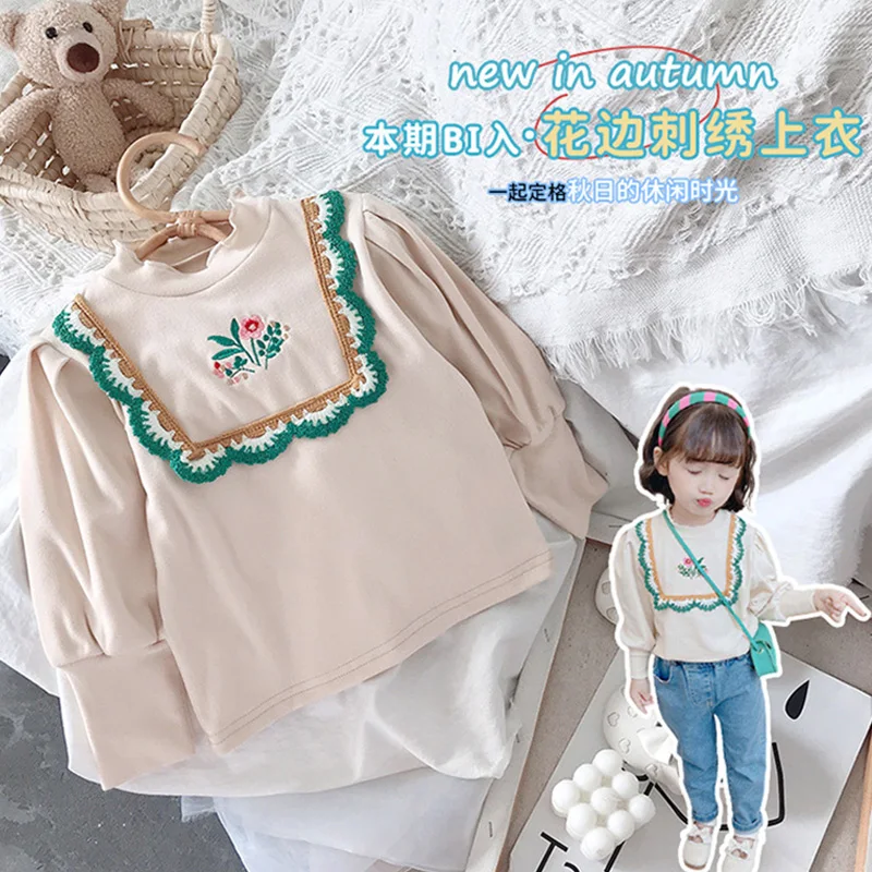 

Fashion 3-7 Years Girls Autumn Embroidered Long Sleeve Cotton Tops Spring Children Beige Ethnic Style T-Shirt