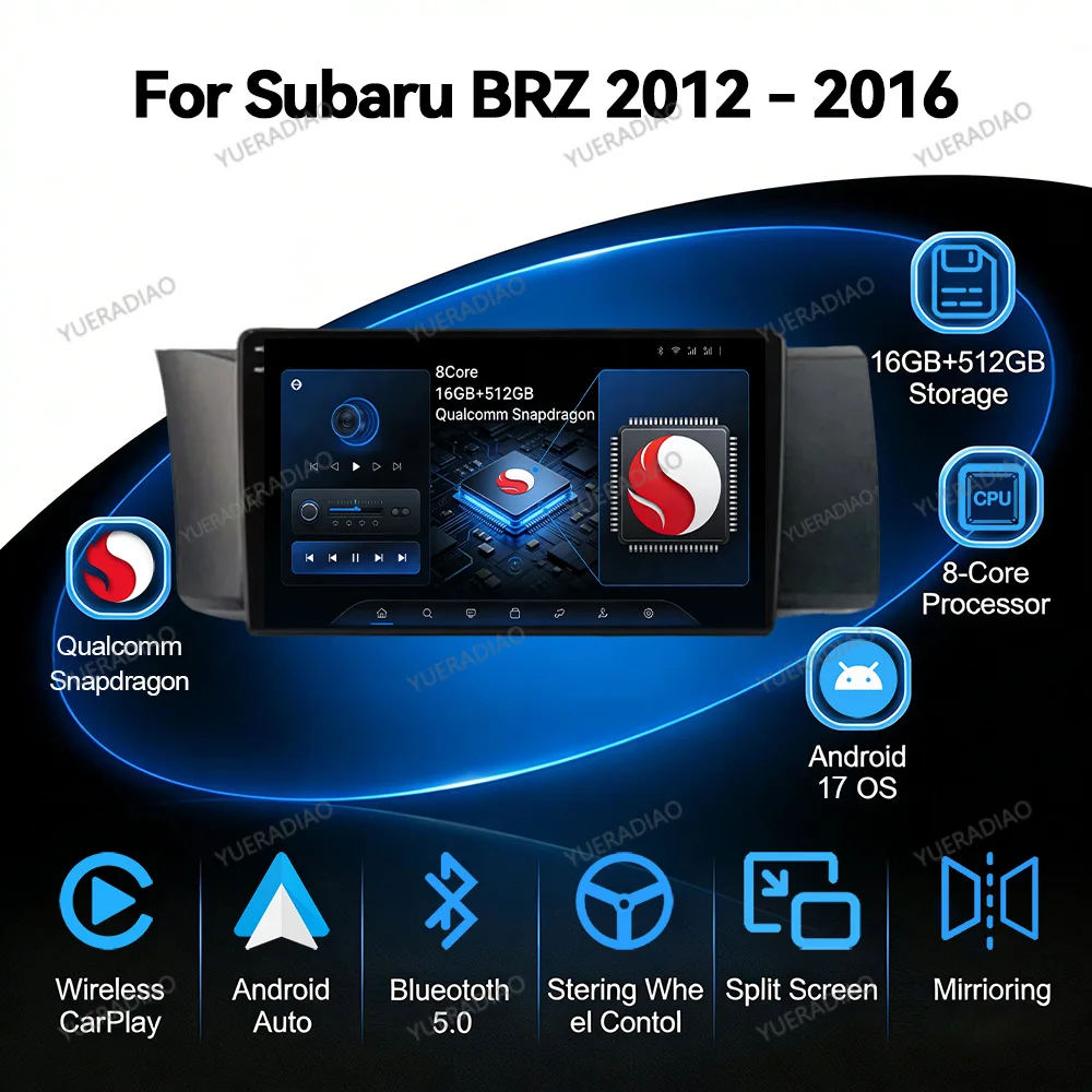 Фото Автомагнитола Android 17 для Subaru BRZ, Scion FRS, Toyota GT86 GT 86 2012-2016, мультимедийный видеоплеер, головное устройство QLED, 4G, Wi-Fi, 2DIN №1