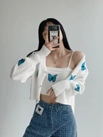 2022 butterfly sweaters embroidery knitted cardigan two piece set womens long sleeve y2k clothes sweater short suspender vest