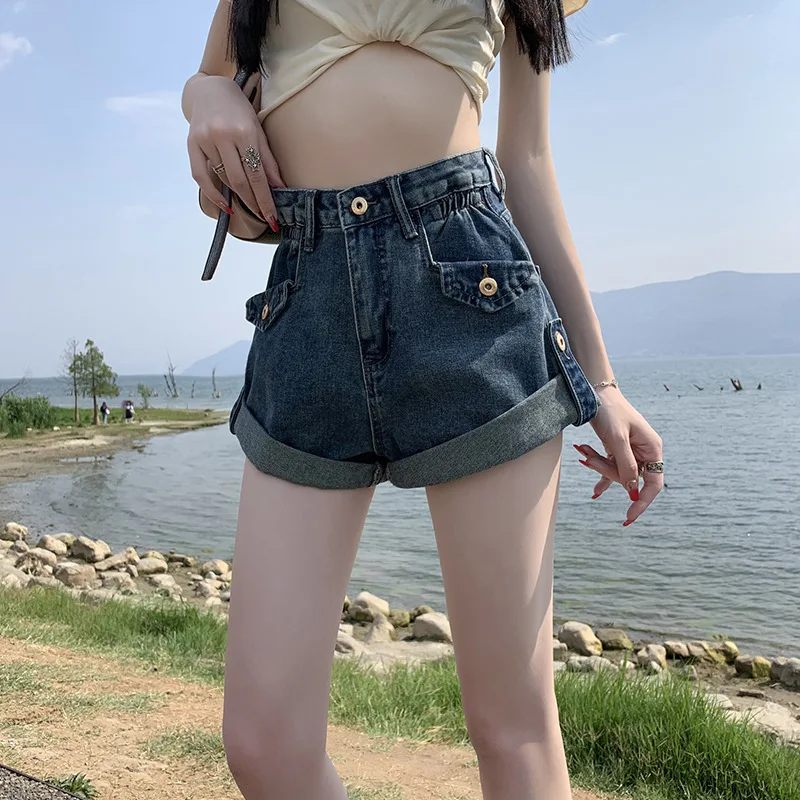 

Hsa 2023 New Casual Women Vintage Crimping Denim Shorts Summer Feminino Chic Hot Ladies High Waist Button Jeans Shorts Bottoms