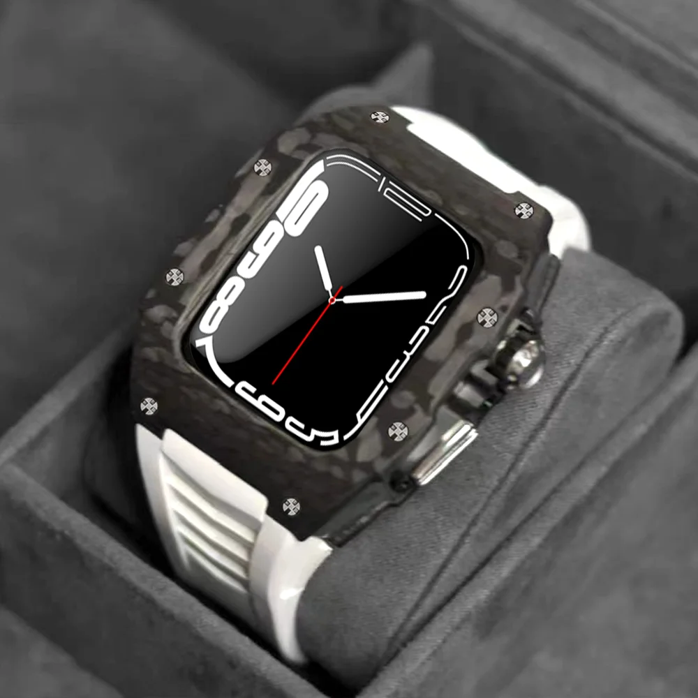 Luxury Carbon Fiber Case for Apple Watch 8 7 45mm Modification Kit for Iwatch Series 44MM 7 6 5 4 SE Stainless Steel Accessories