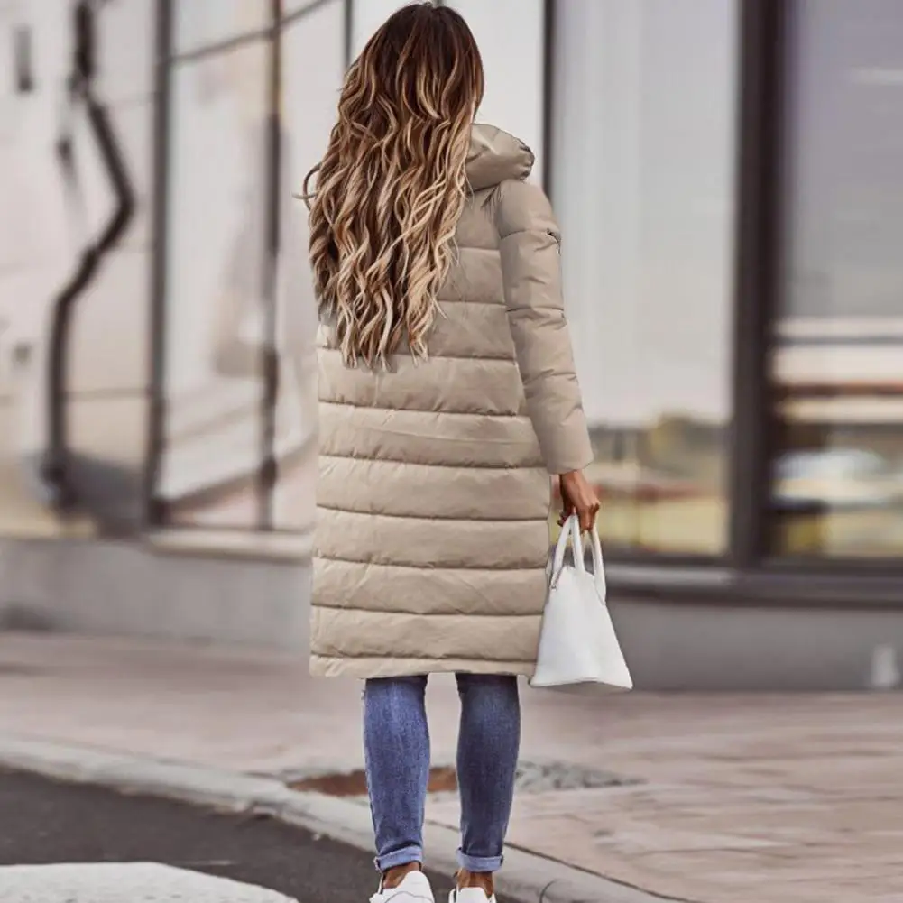 New in Women Coat Long Sleeve Pockets Buttons Zipper Placket Thickened Striped Quilted Winter Hooded Mid-length Down Jacket