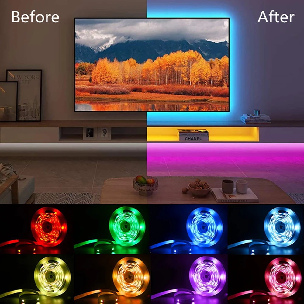 

1M-20M LED Strip Lights RGBIC WS2812B/RGB 5050 Bluetooth 24Key Control 5V Luces Led TV Desktop Computer BackLight Room Decorate
