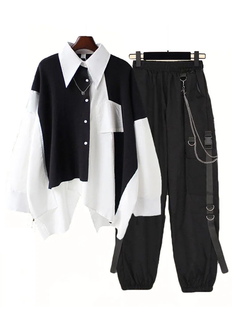 

Костюм-карго женский из двух предметов, уличная одежда с длинными рукавами и цепочкой, брюки с лентой, брюки в стиле Харадзюку