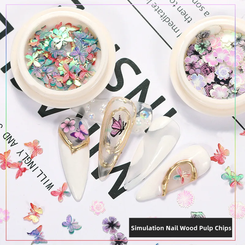 

2Boxes Nail Art Accessories Wood Pulp Chips Aurora Laser Butterfly Flower For Nail Decorations DIY Colorful Nail Charms Supplies